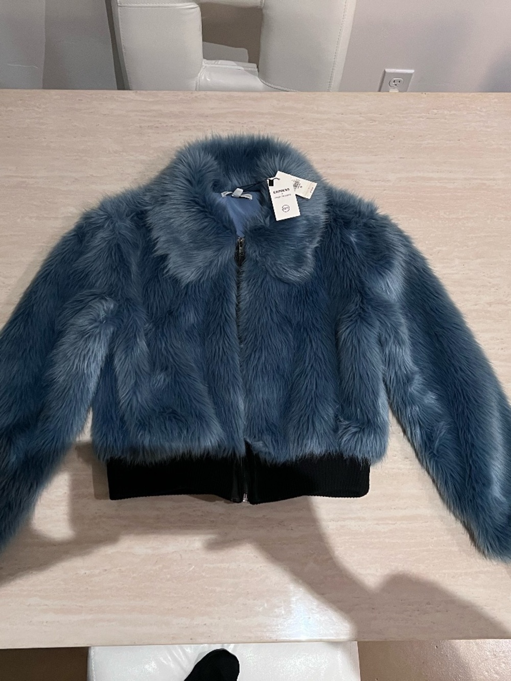 NWT Express X Negin Mirsalehi Blue and Black Faux Fur Bomber Cropped Jacket XS